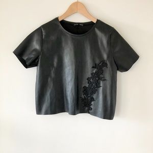 ZARA Faux Leather Embroidered Short Sleeve Top